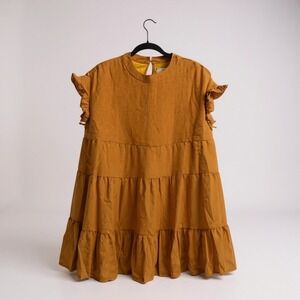 Yellow Tiered Ruffle‎ Sleeve Dress Women's Babydoll Casual Sun Dress NEW Large